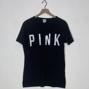 PINK Victoria's Secret White Logo Open Neck Black T-Shirt Top Women's Size XS